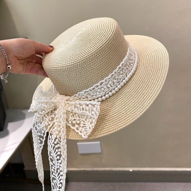 Womens Wide Brim Straw Sun Hat with Lace Bow and Pearl Band
